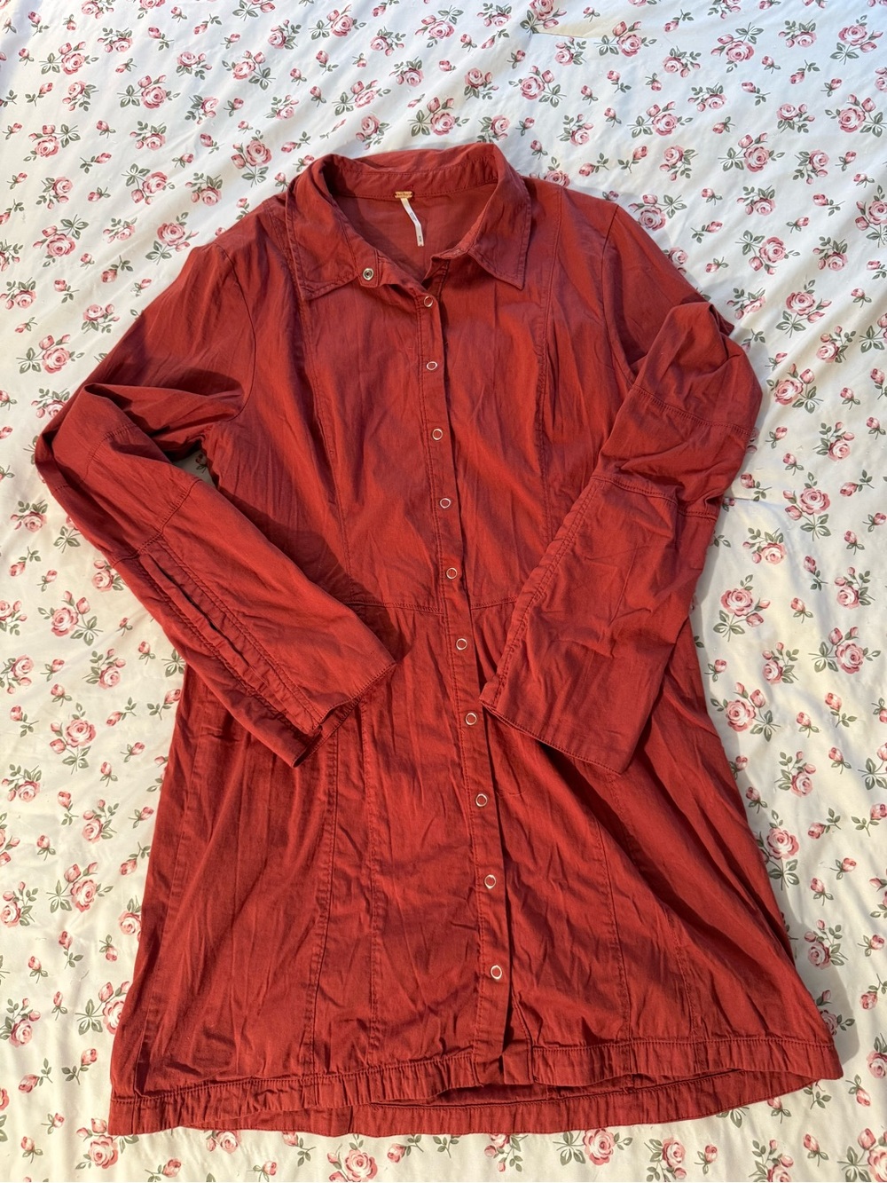 Free People M Red Solid Collared Button Long Sleeve Short Shirt Dress